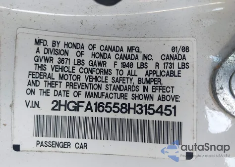 2008 Honda Civic Lx z USA, uszkodzony, nr VIN 2HGFA16558H315451